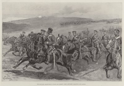 De militaire manoeuvres in Wilts en Dorset, korpsartillerie in galop naar actie door William Barnes Wollen